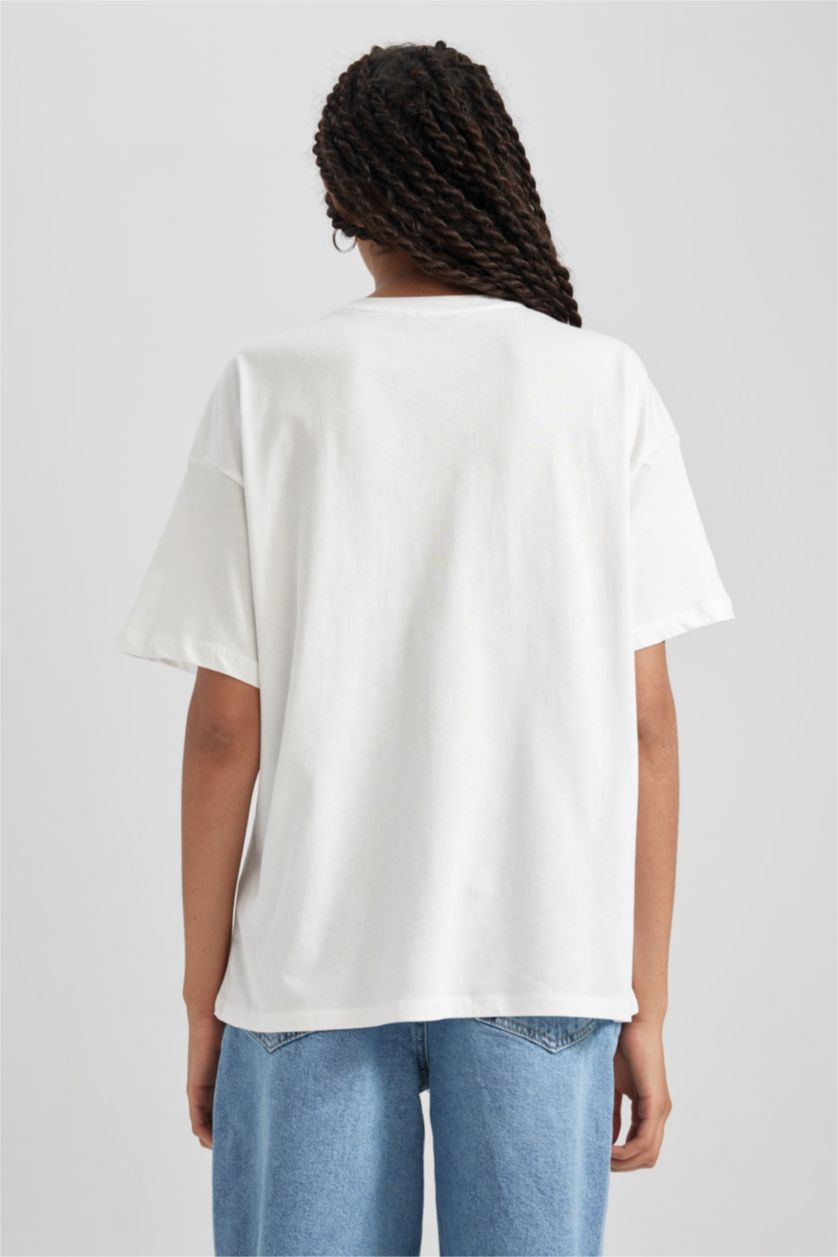 Kadın Kırık Beyaz Oversize Geniş Kalıp Bisiklet Yaka Baskılı Kısa Kollu %100 Pamuk Tişört