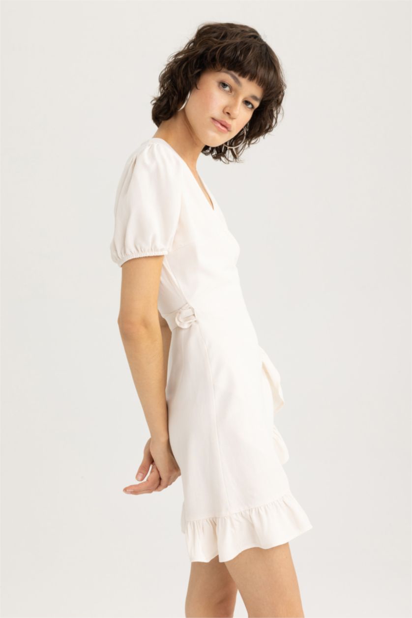 Woman Ecru Wrap Collar linen Mini Dress