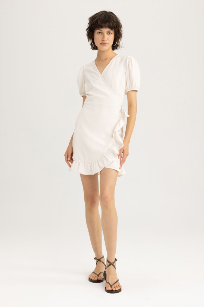 Woman Ecru Wrap Collar linen Mini Dress