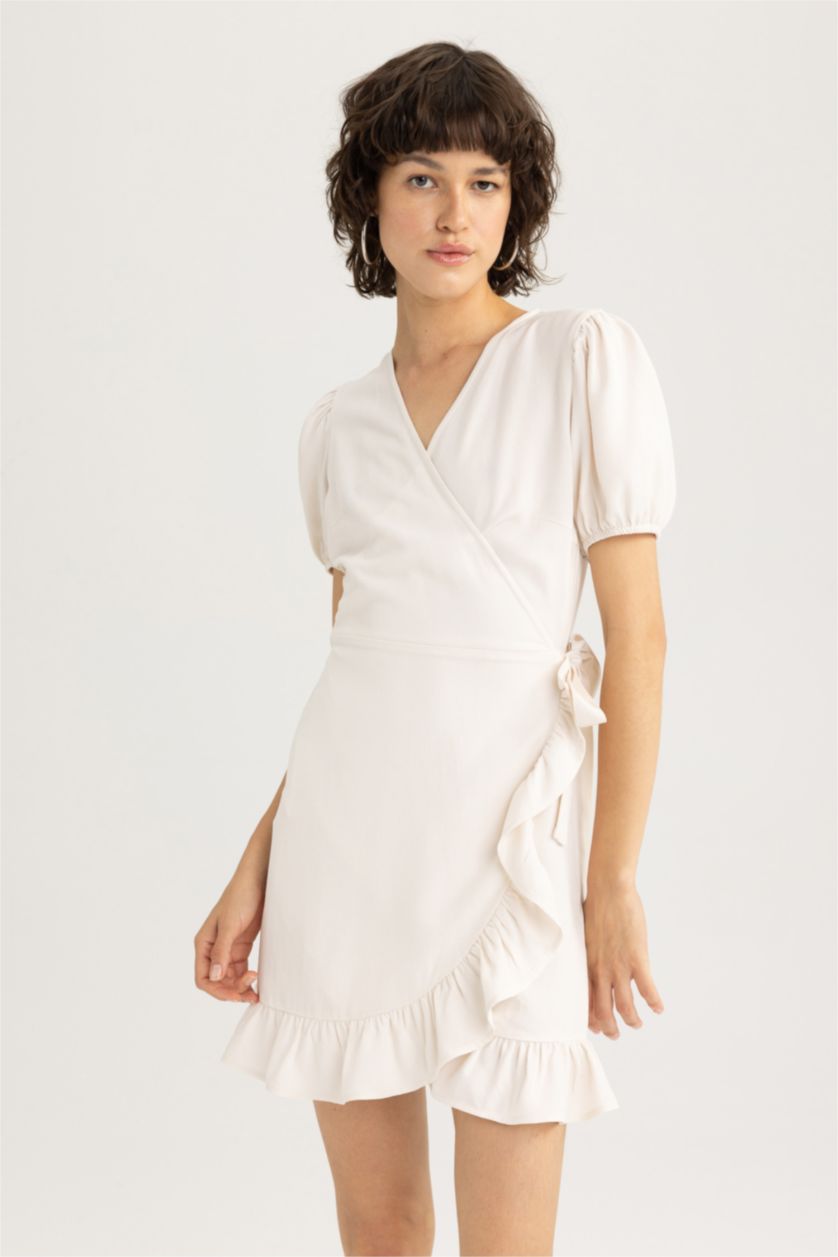 Woman Ecru Wrap Collar linen Mini Dress