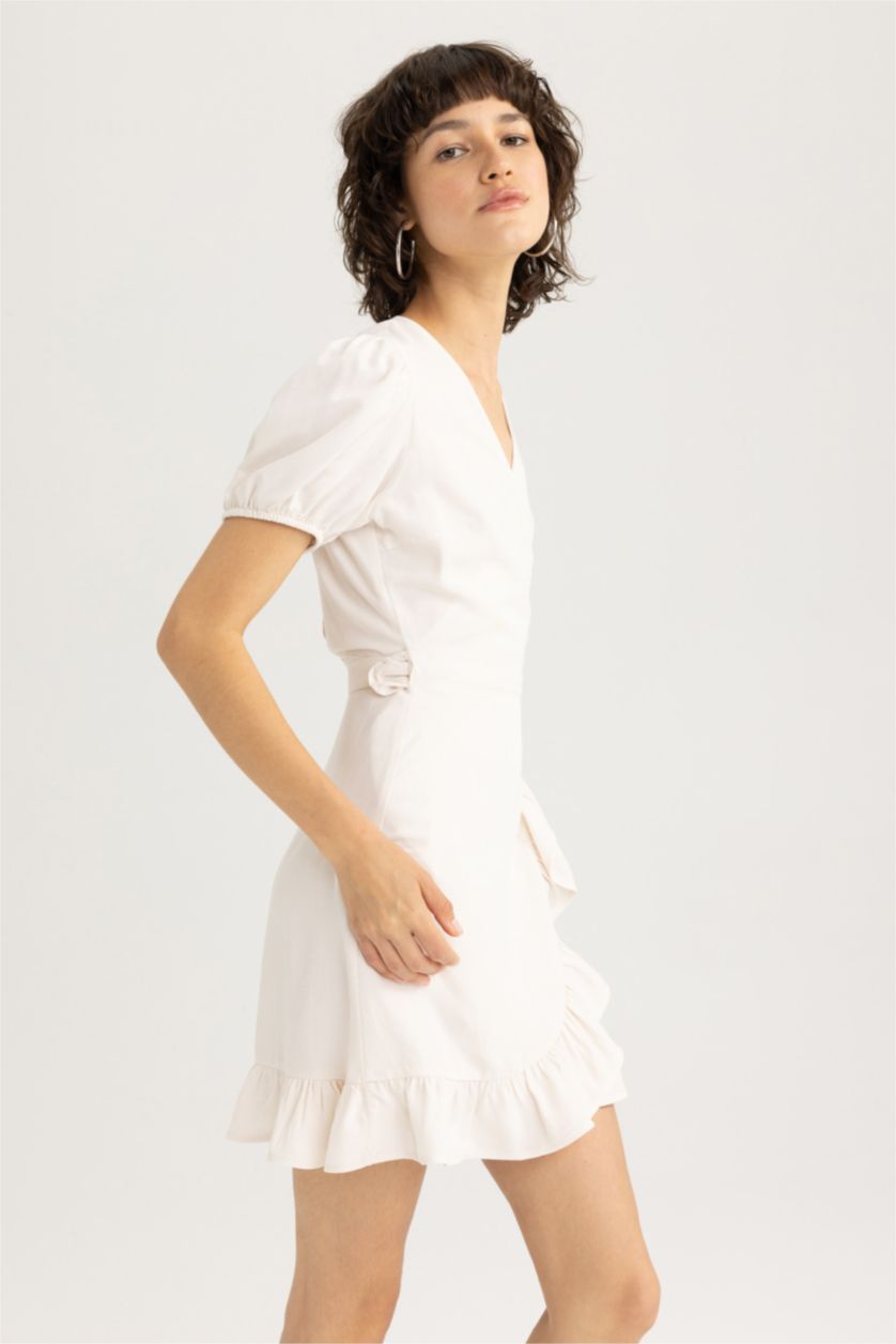 Woman Ecru Wrap Collar linen Mini Dress