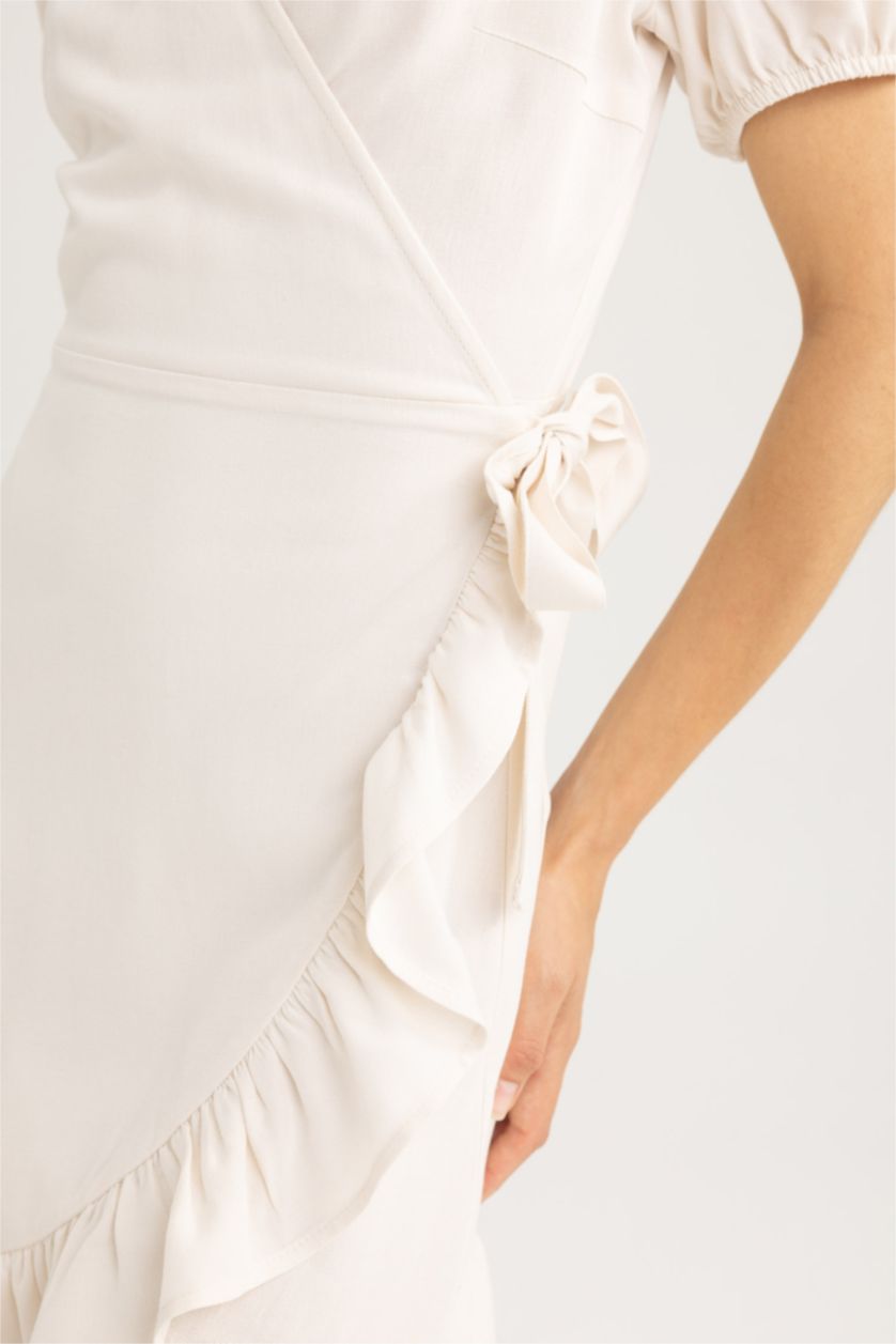Woman Ecru Wrap Collar linen Mini Dress