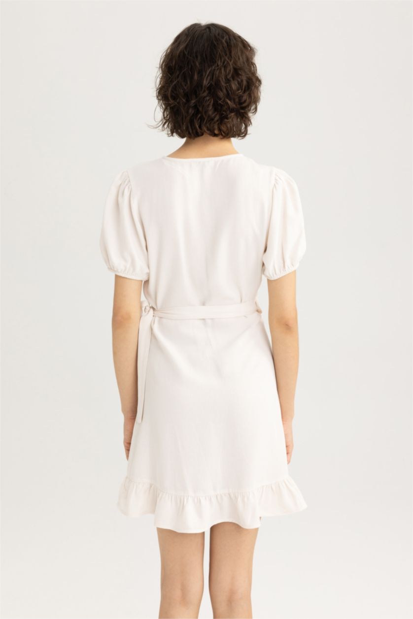 Woman Ecru Wrap Collar linen Mini Dress