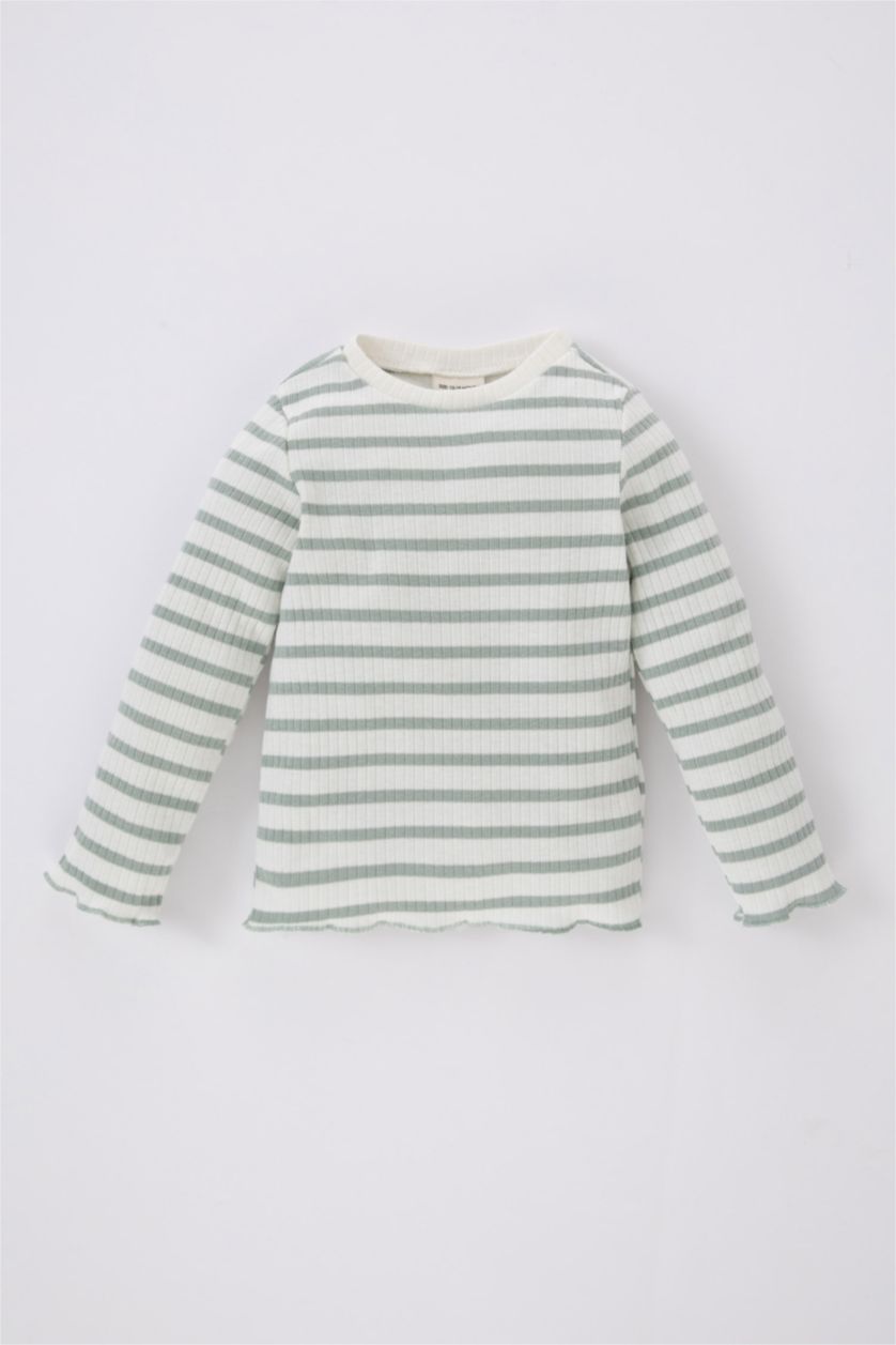 طفلة صغيرة بيج فاتح تيشيرت مخطط بيبي بناتي كم طويل مضلع قصة عادية