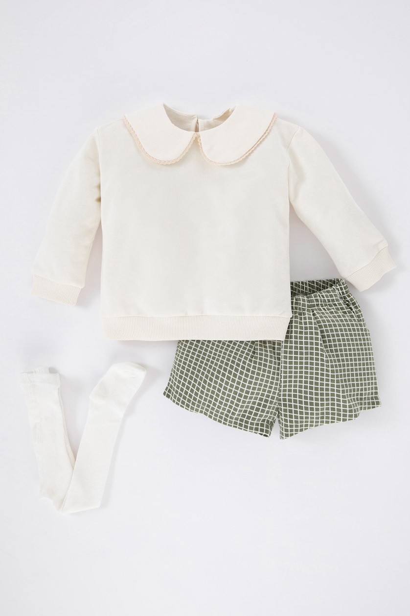 Baby Girls Khaki 3 piece Regular Fit Baby Collar Plaid Set