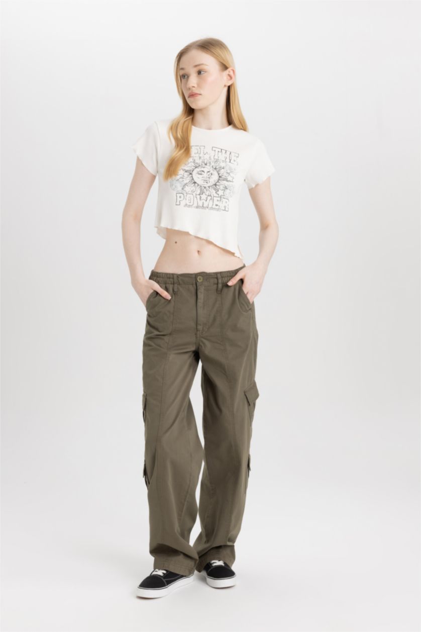 FEMME Kaki Pantalon Cargo Coupe Droite Gabardine de 100 % Coton