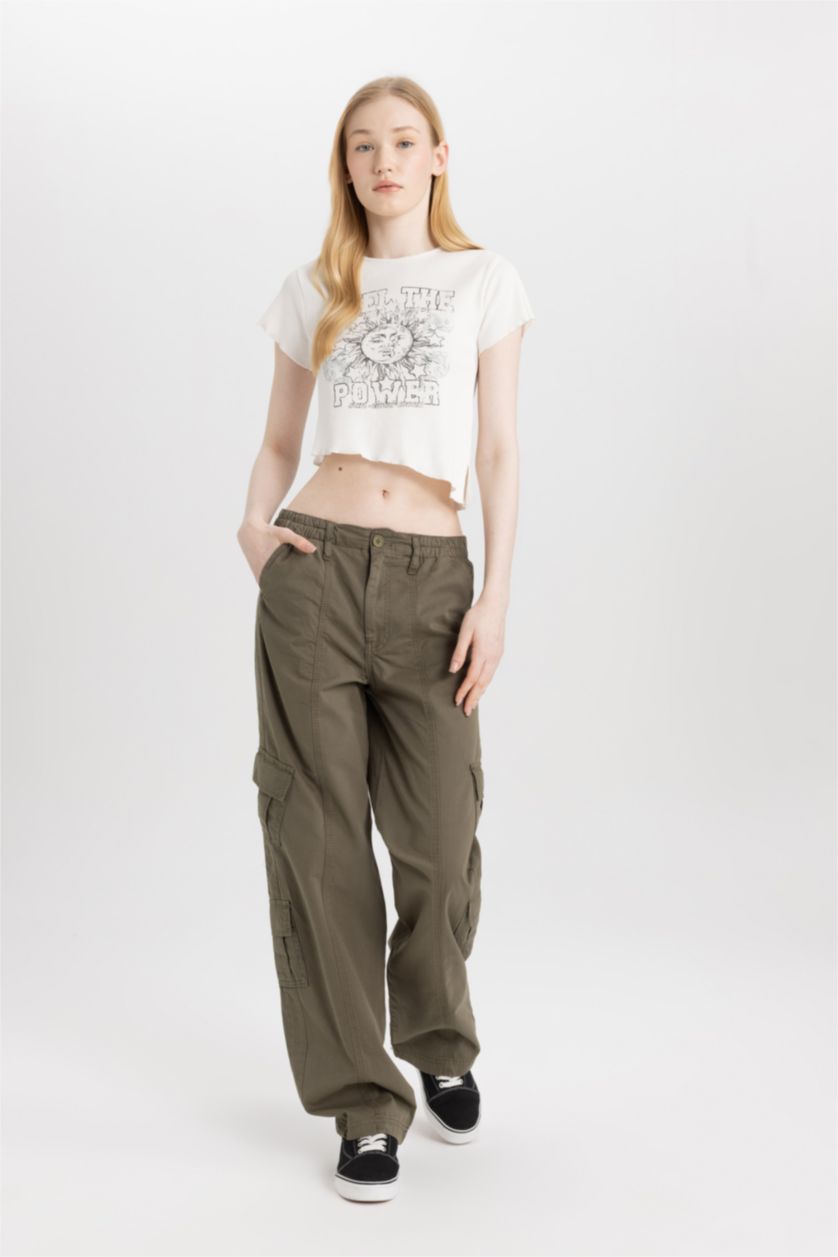 FEMME Kaki Pantalon Cargo Coupe Droite Gabardine de 100 % Coton