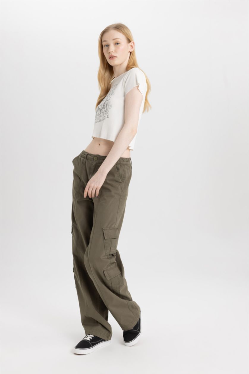 FEMME Kaki Pantalon Cargo Coupe Droite Gabardine de 100 % Coton
