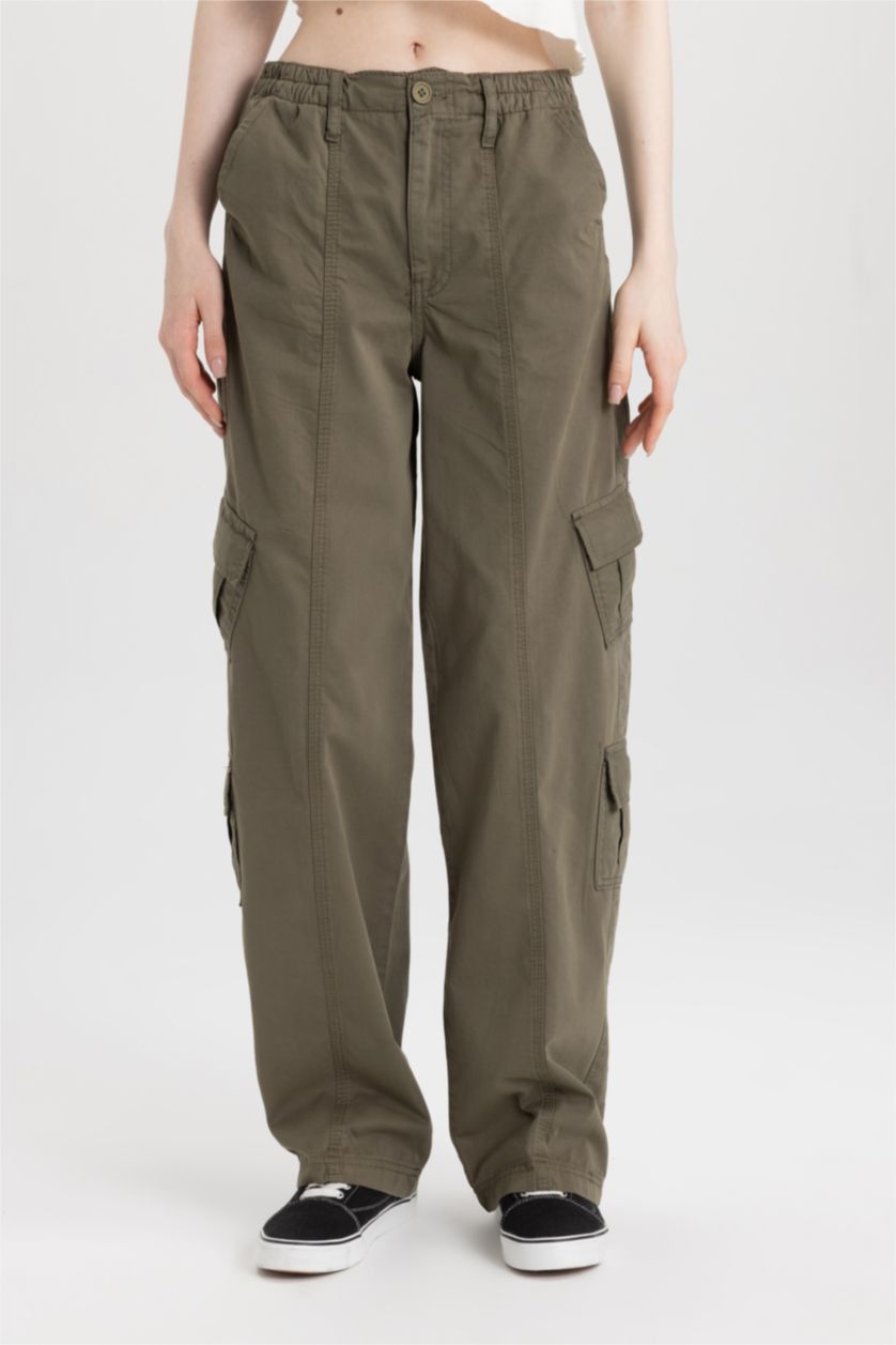 FEMME Kaki Pantalon Cargo Coupe Droite Gabardine de 100 % Coton