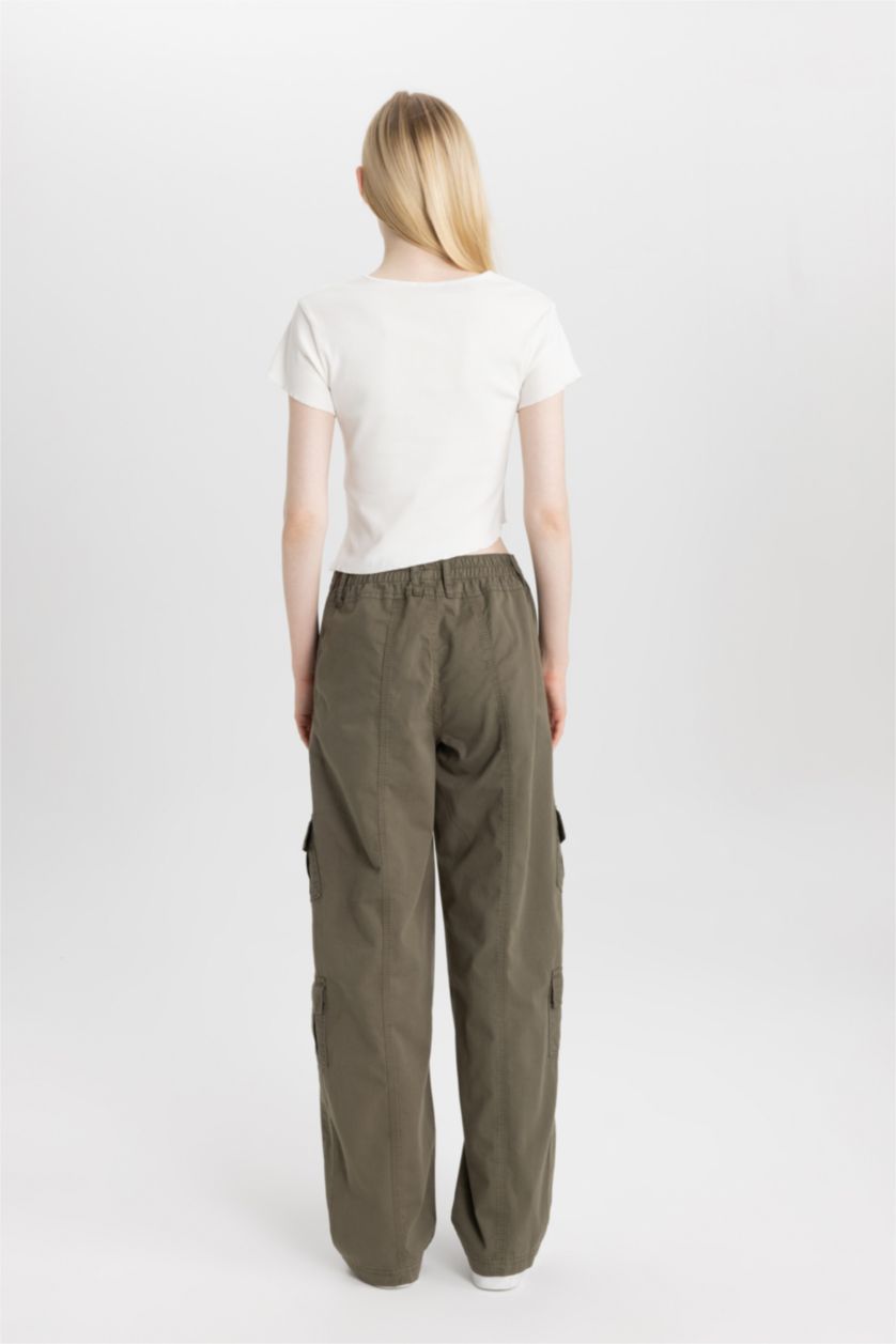 FEMME Kaki Pantalon Cargo Coupe Droite Gabardine de 100 % Coton