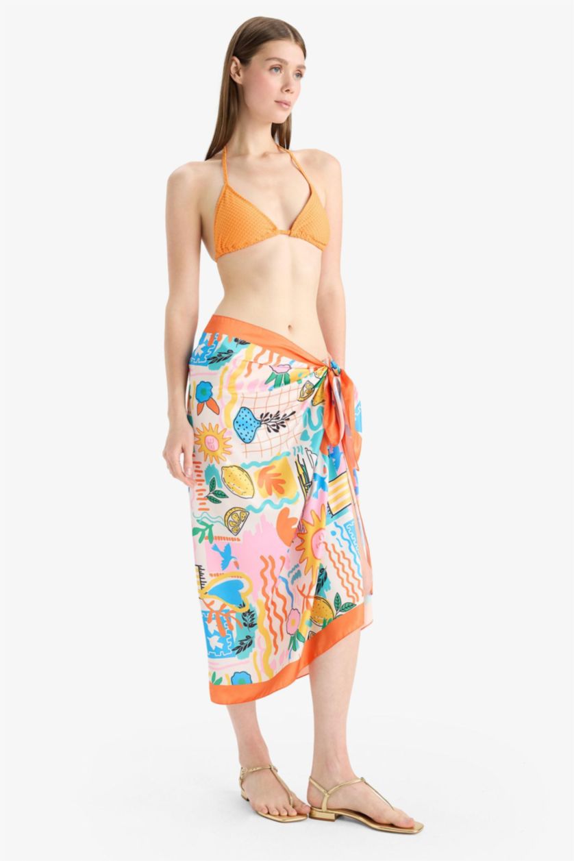 Kadın Turuncu Regular Fit Desenli Saten Plaj Eteği