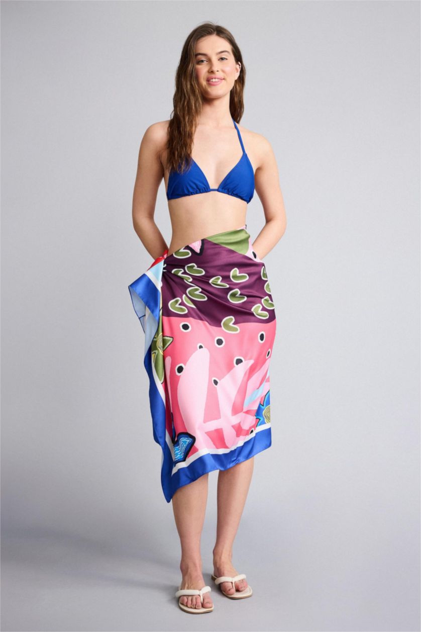 Woman Pink Fall in Love Regular Fit Patterned Satin Beachwear