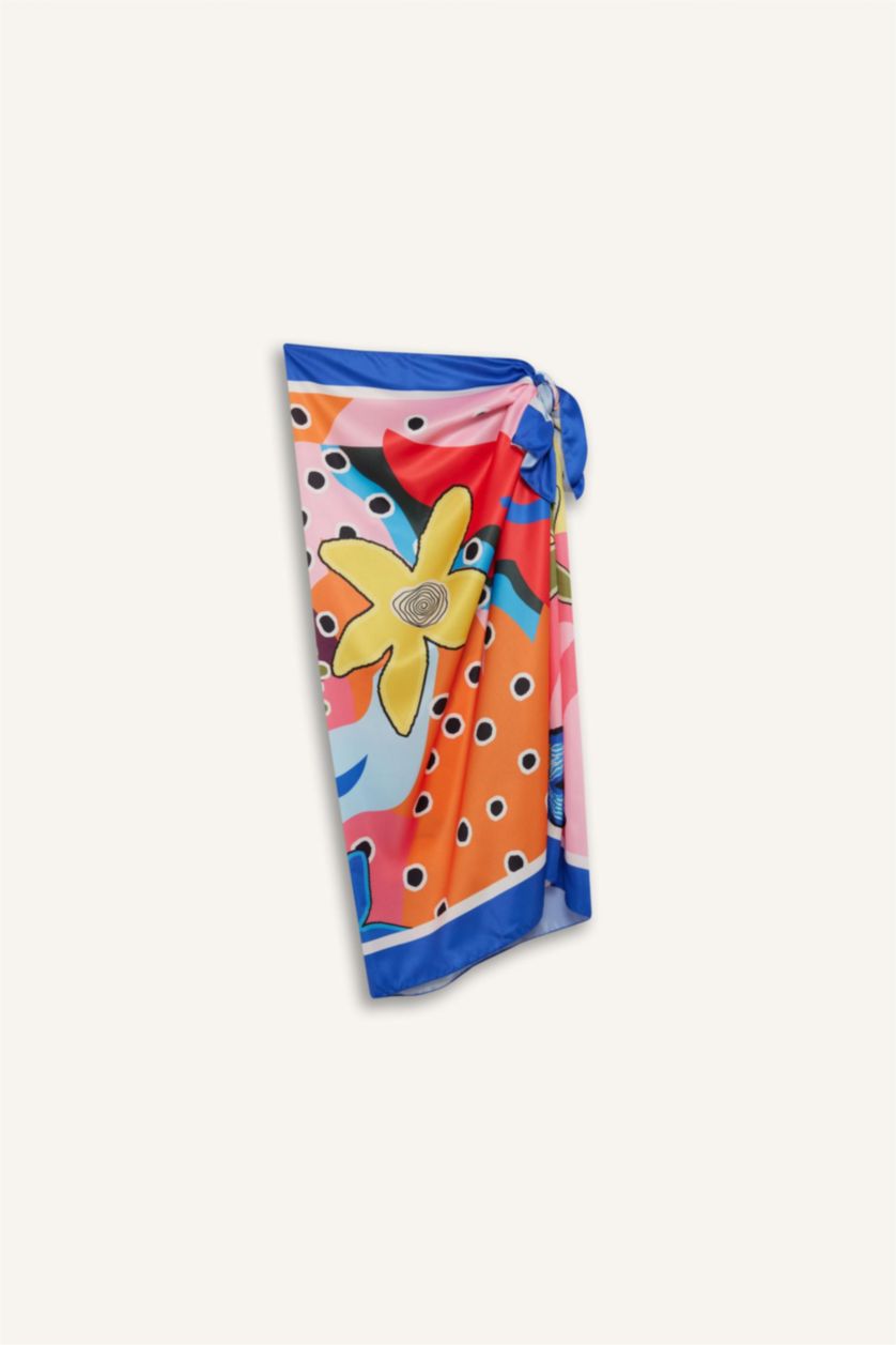 Kadın Pembe Regular Fit Desenli Saten Plaj Eteği