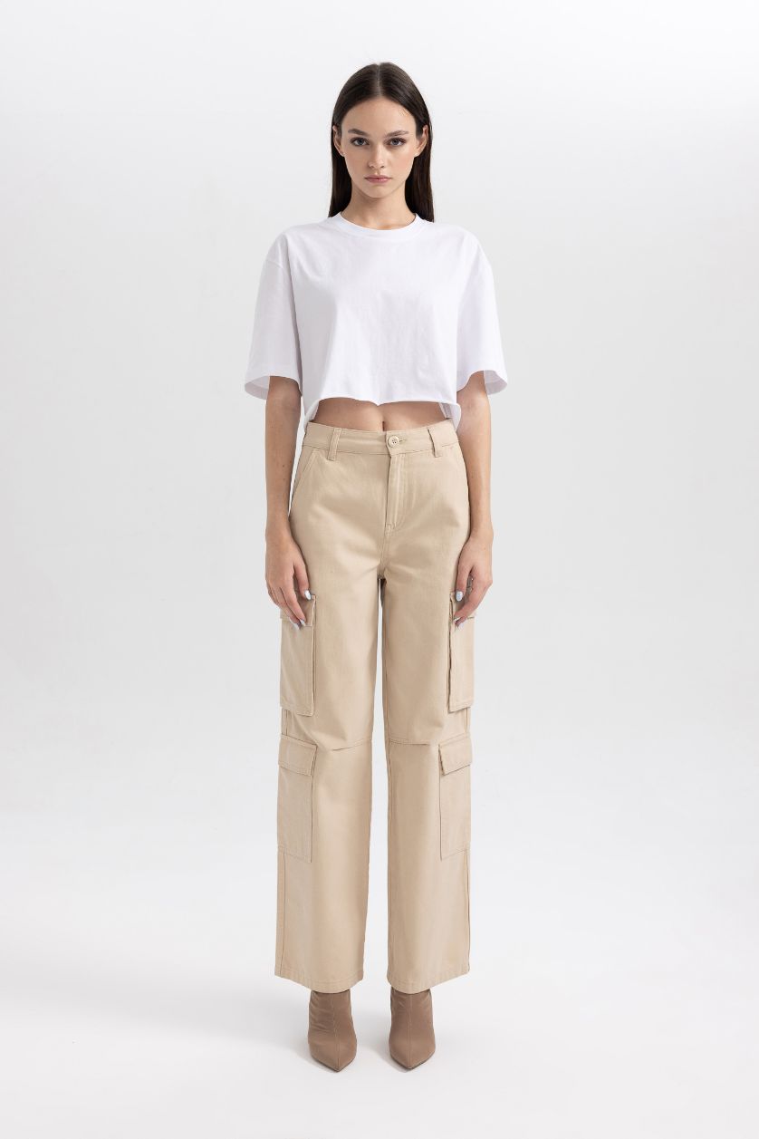 Woman Beige Straight Fit Cargo Gabardine Trousers