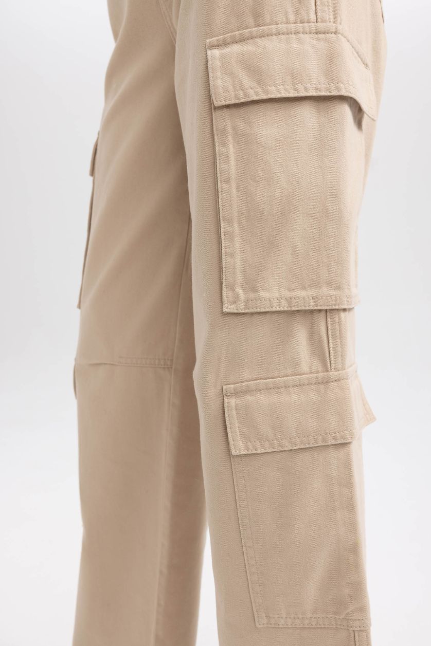 Woman Beige Straight Fit Cargo Gabardine Trousers
