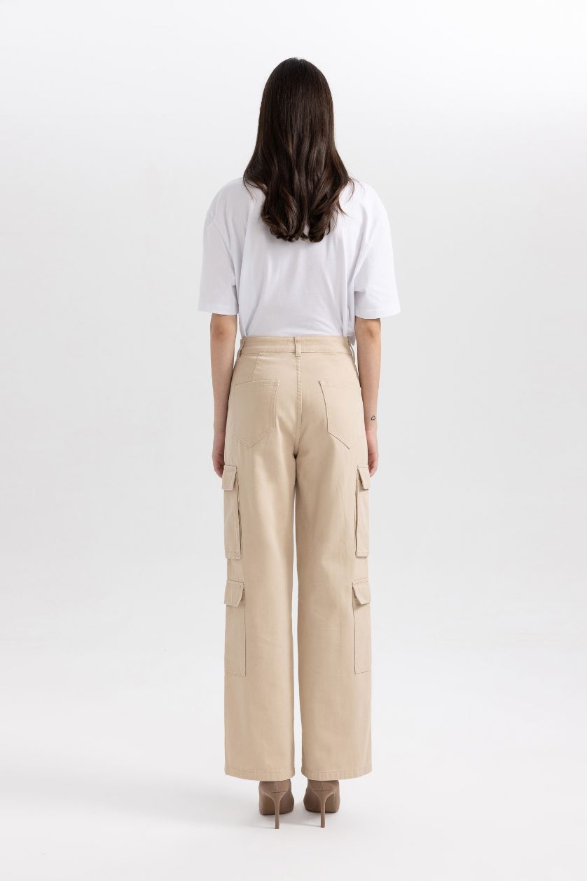 Woman Beige Straight Fit Cargo Gabardine Trousers
