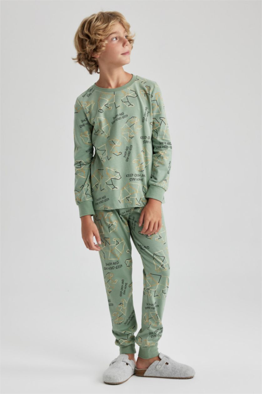 Erkek Çocuk - Genç Erkek Açık Yeşil Erkek Çocuk Desenli Uzun Kollu Pijama Takımı