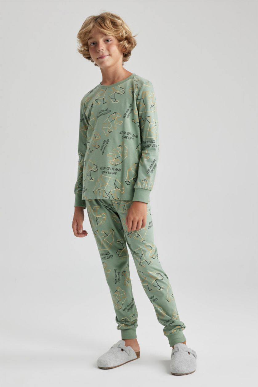Erkek Çocuk - Genç Erkek Açık Yeşil Erkek Çocuk Desenli Uzun Kollu Pijama Takımı