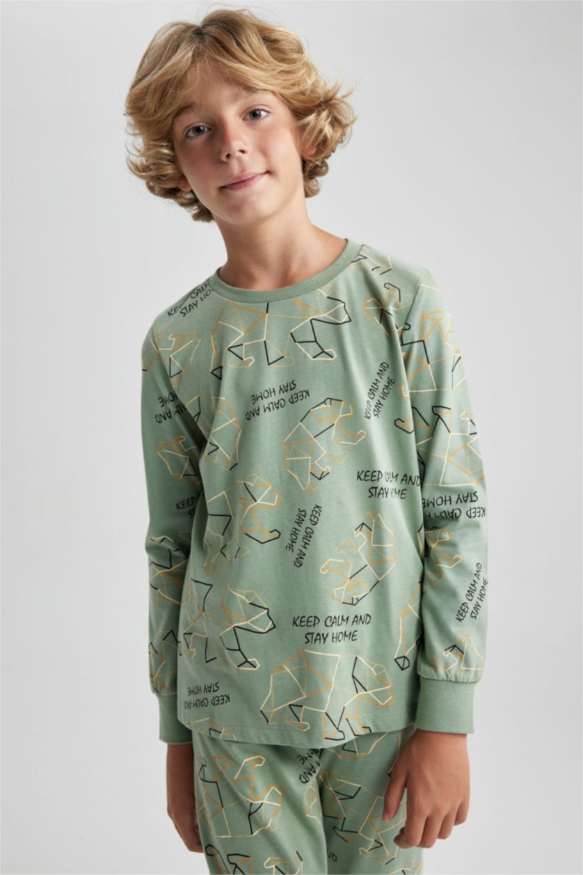 Erkek Çocuk - Genç Erkek Açık Yeşil Erkek Çocuk Desenli Uzun Kollu Pijama Takımı