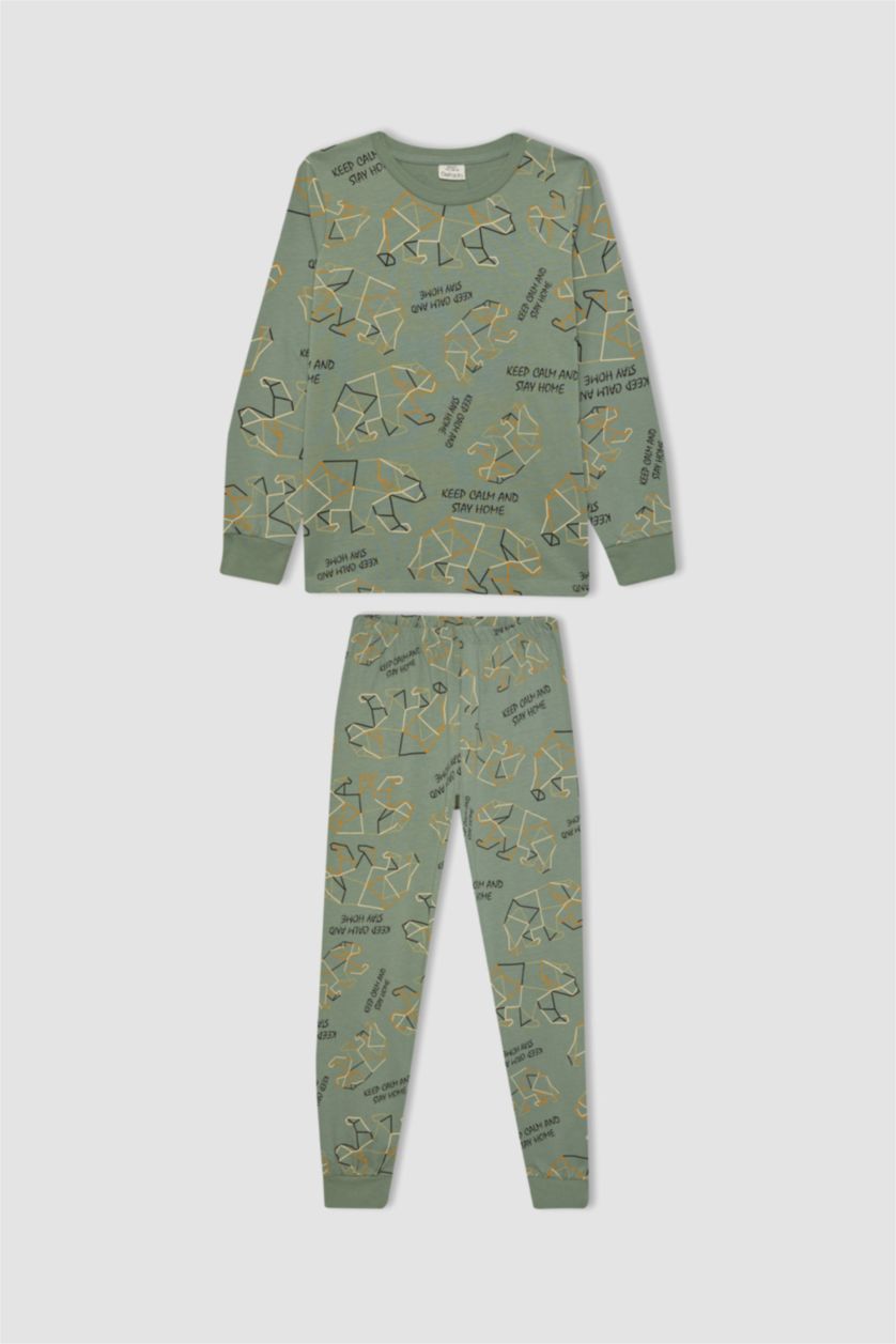 Erkek Çocuk - Genç Erkek Açık Yeşil Erkek Çocuk Desenli Uzun Kollu Pijama Takımı