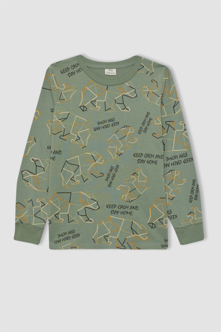 Erkek Çocuk - Genç Erkek Açık Yeşil Erkek Çocuk Desenli Uzun Kollu Pijama Takımı