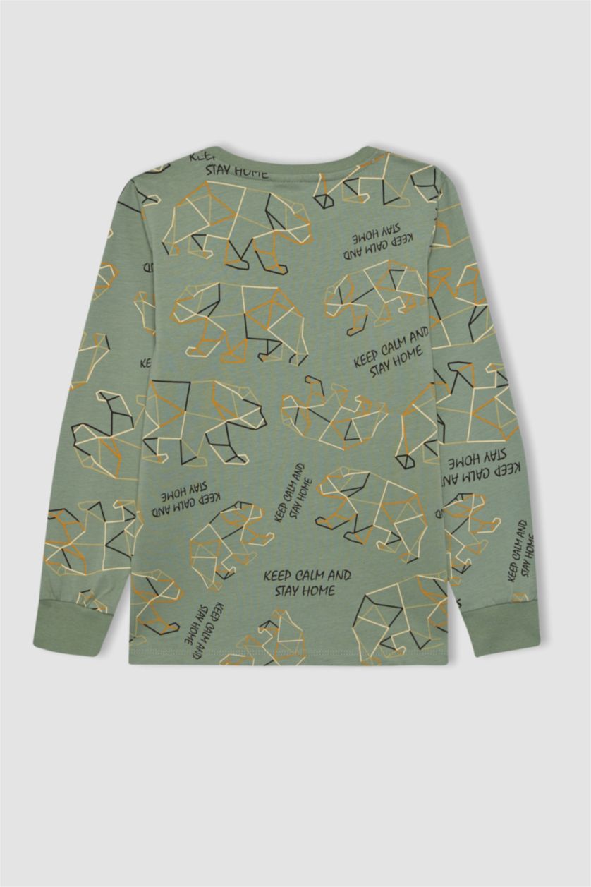 Erkek Çocuk - Genç Erkek Açık Yeşil Erkek Çocuk Desenli Uzun Kollu Pijama Takımı
