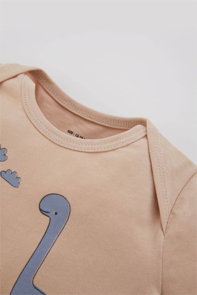 Baby Boy Beige Baby Boy Newborn Dinosaur Printed Combed Cotton 2 Piece Jumpsuit