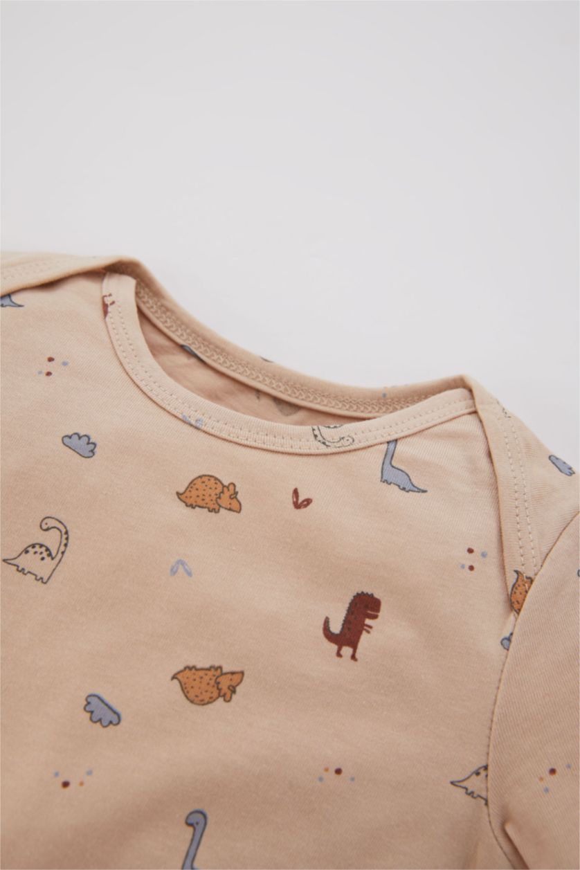 Baby Boy Beige Baby Boy Newborn Dinosaur Printed Combed Cotton 2 Piece Jumpsuit