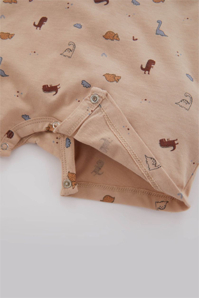 Baby Boy Beige Baby Boy Newborn Dinosaur Printed Combed Cotton 2 Piece Jumpsuit