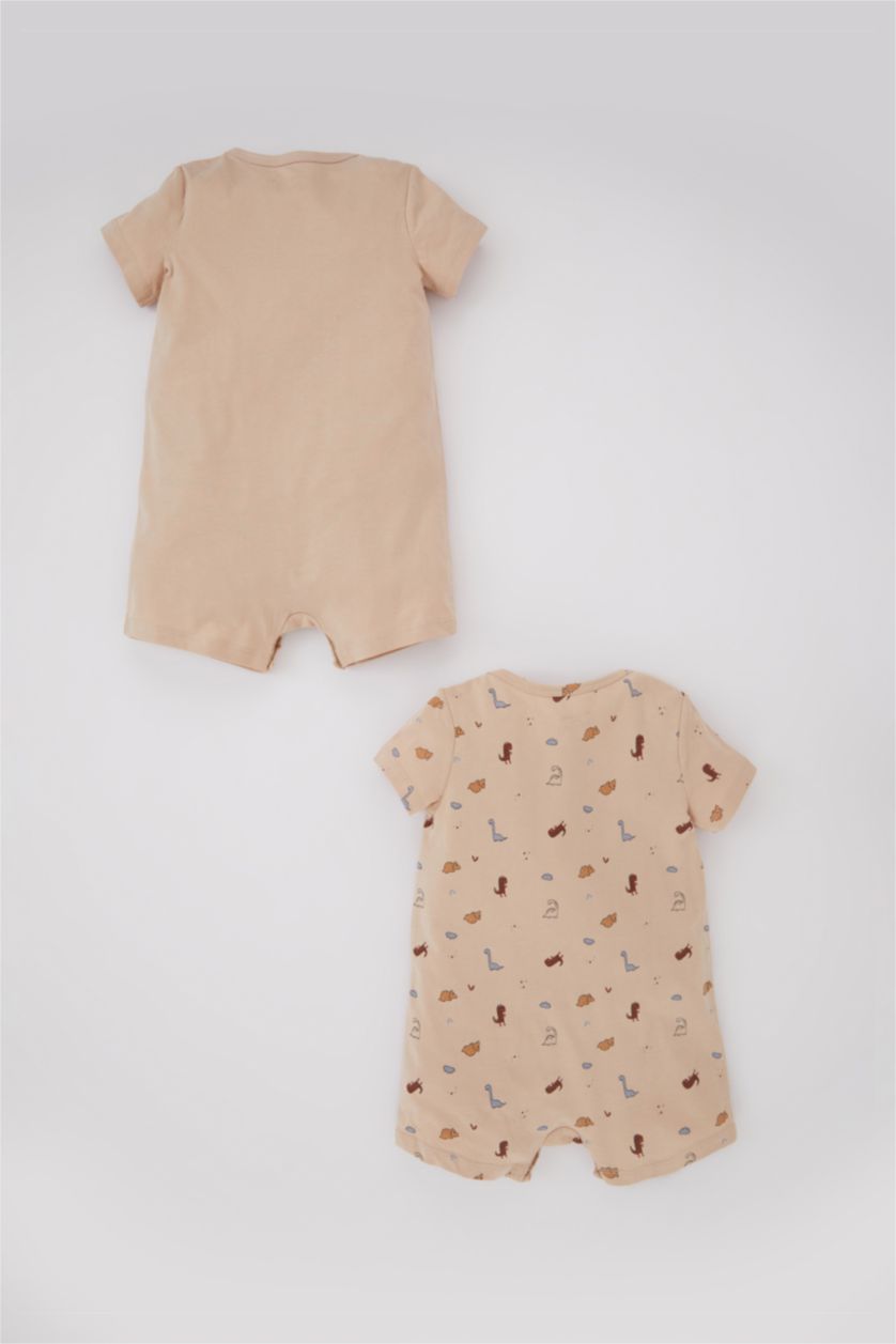 Baby Boy Beige Baby Boy Newborn Dinosaur Printed Combed Cotton 2 Piece Jumpsuit