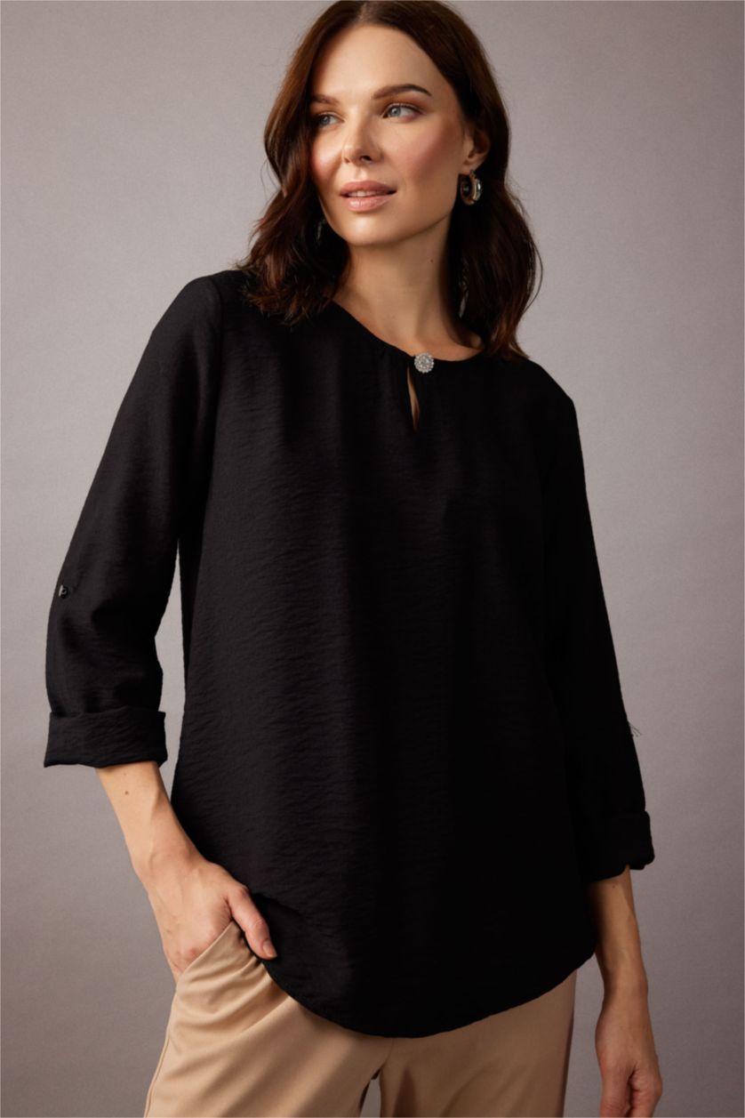 نساء أسود بلوزة كم طويل قصة عادية بياقة مدورة