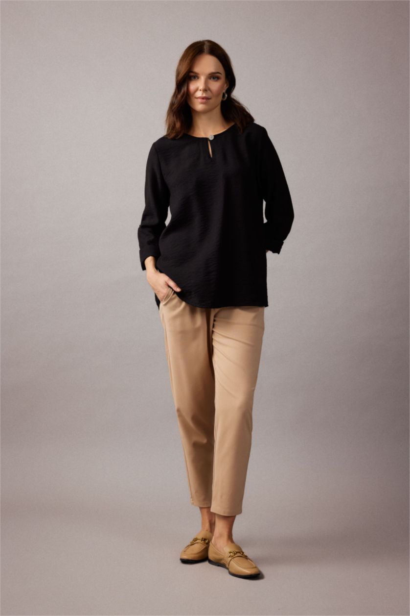 نساء أسود بلوزة كم طويل قصة عادية بياقة مدورة