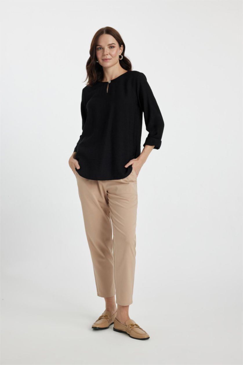 نساء أسود بلوزة كم طويل قصة عادية بياقة مدورة