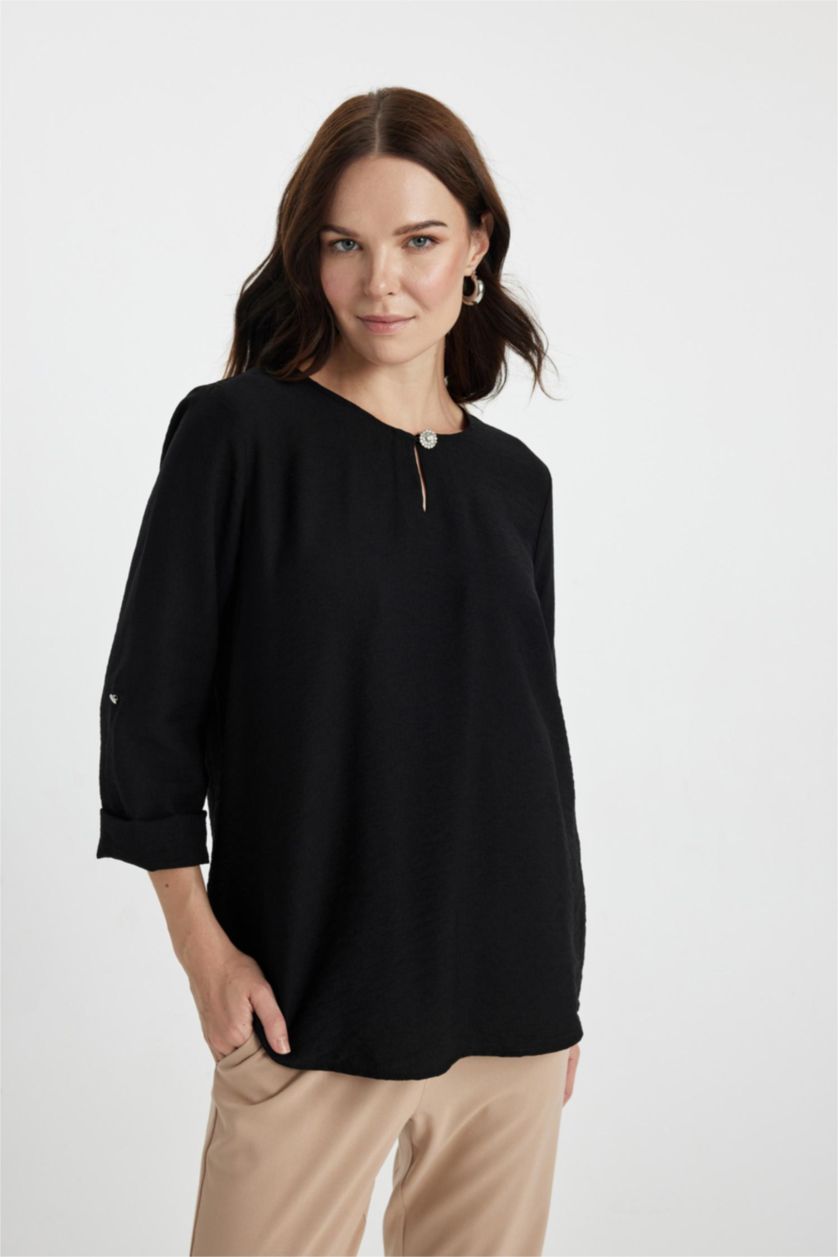 نساء أسود بلوزة كم طويل قصة عادية بياقة مدورة