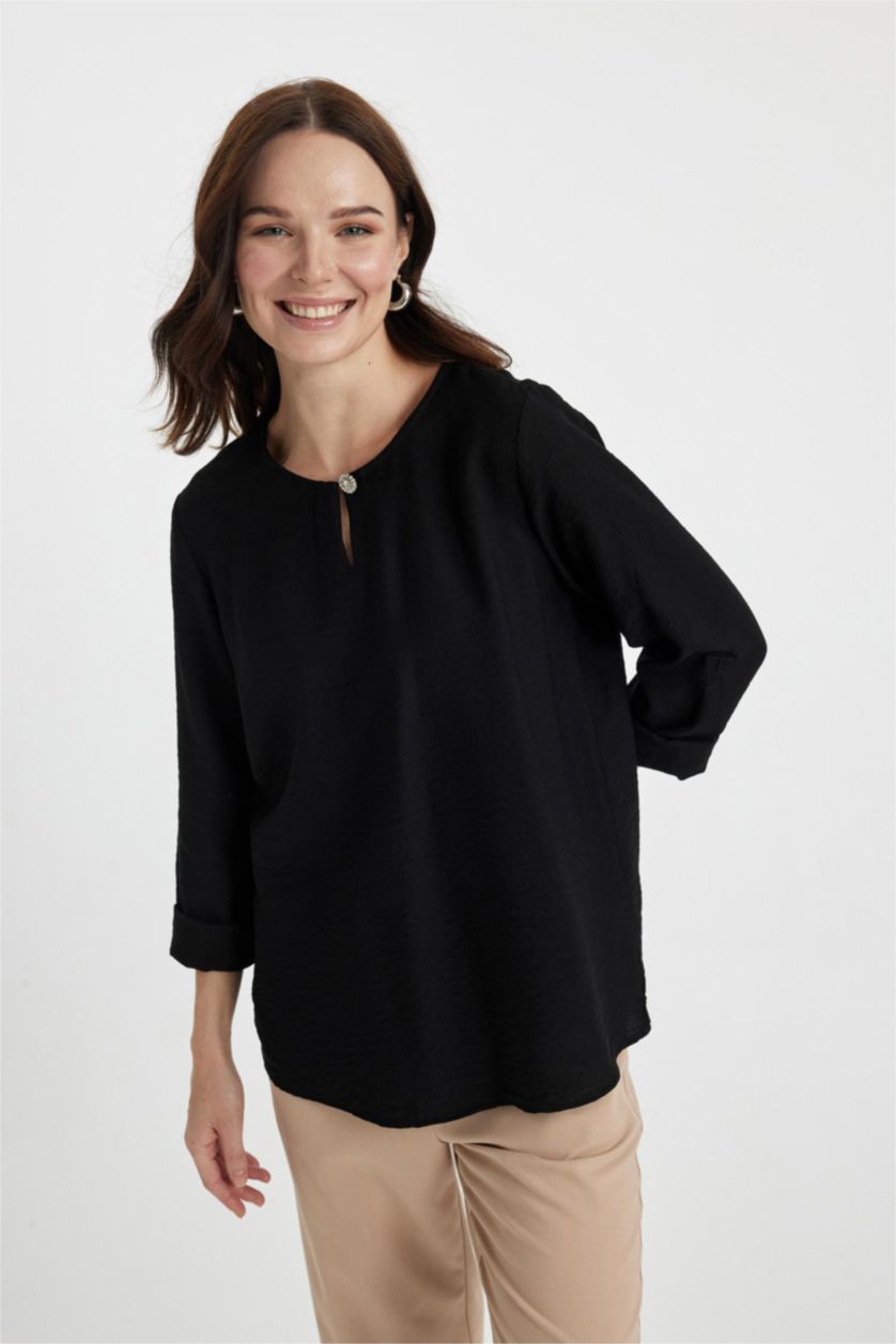 نساء أسود بلوزة كم طويل قصة عادية بياقة مدورة