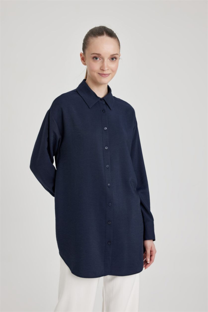 Kadın Lacivert Relax Fıt Uzun Kollu Tunik