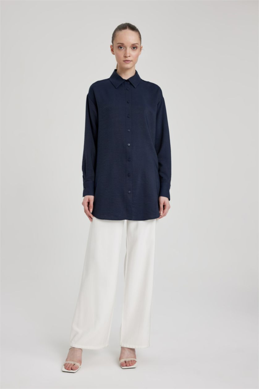 Kadın Lacivert Relax Fıt Uzun Kollu Tunik