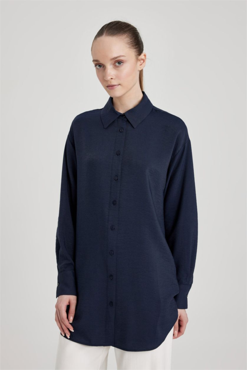 Kadın Lacivert Relax Fıt Uzun Kollu Tunik