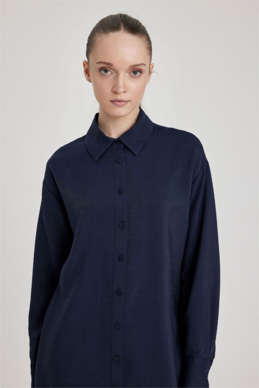 Kadın Lacivert Relax Fıt Uzun Kollu Tunik