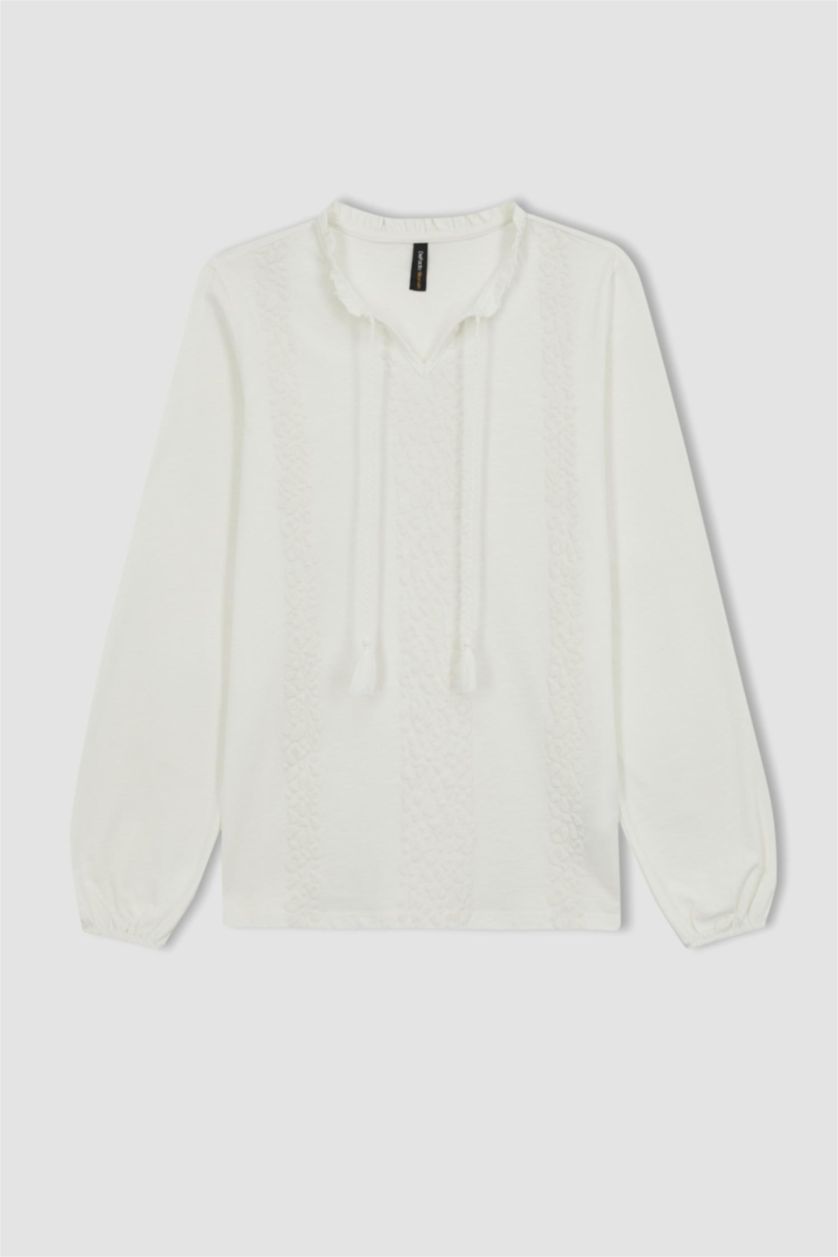 نساء بيج فاتح تي شيرت كم طويل قصة عادية برقبة مستديرة