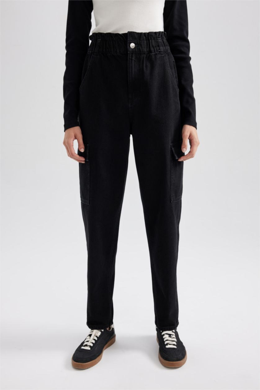 Женщины Черный Джинсы Paperbag  с высокой талией