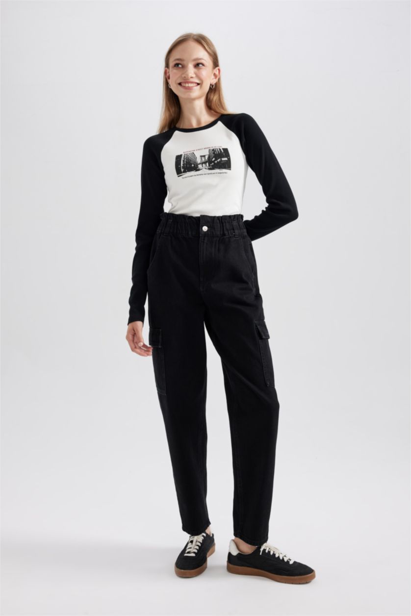 Женщины Черный Джинсы Paperbag  с высокой талией