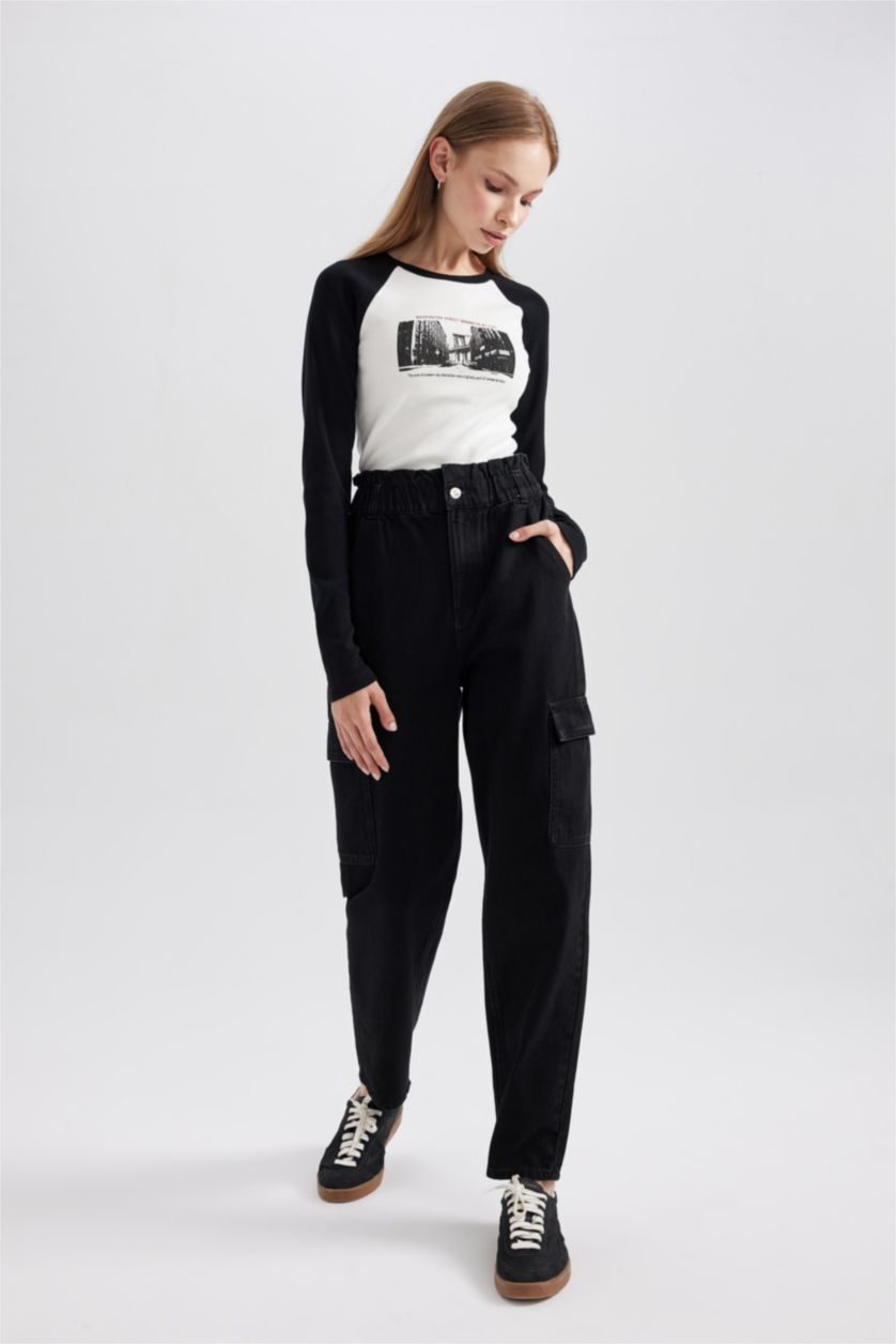 Женщины Черный Джинсы Paperbag  с высокой талией