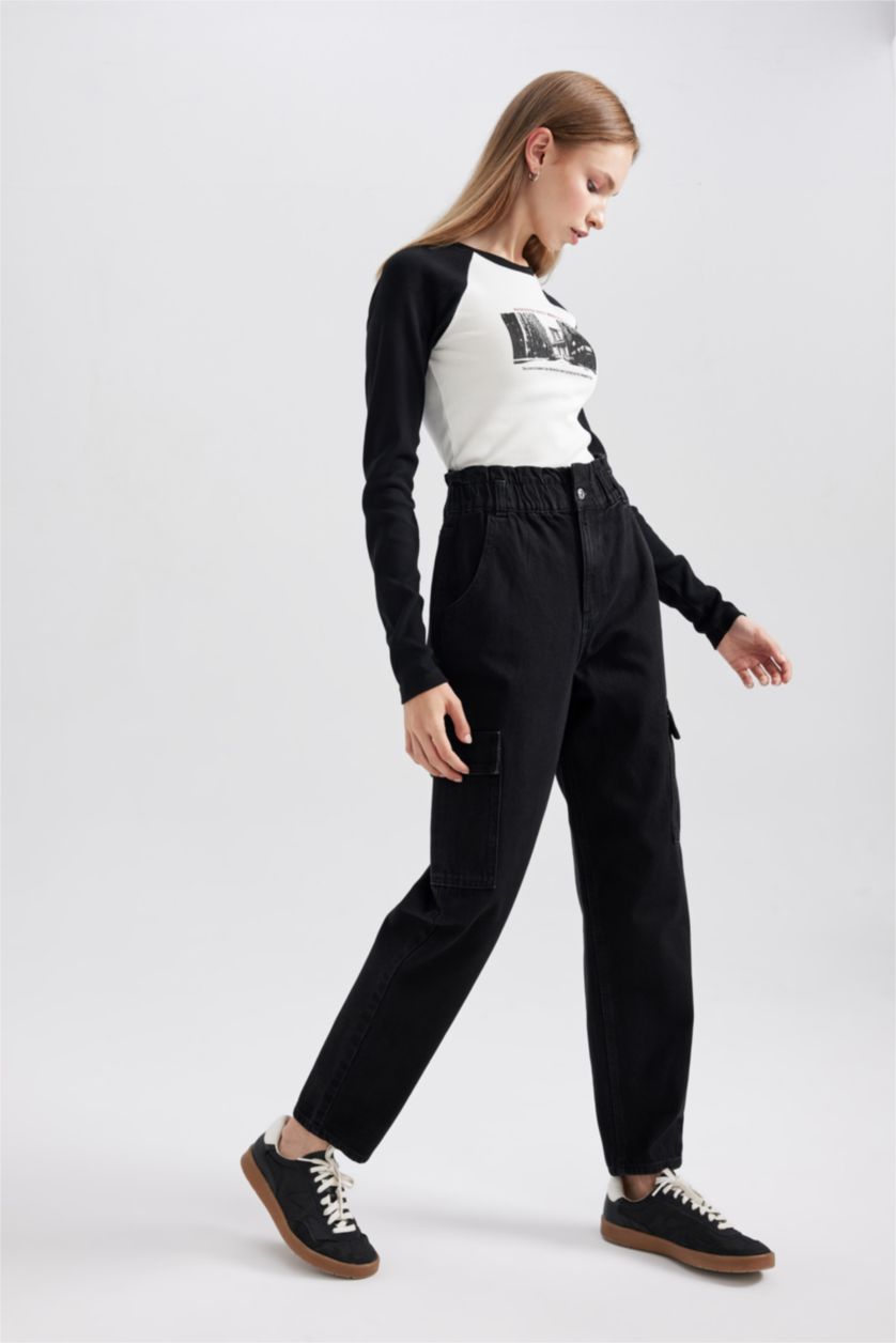 Женщины Черный Джинсы Paperbag  с высокой талией