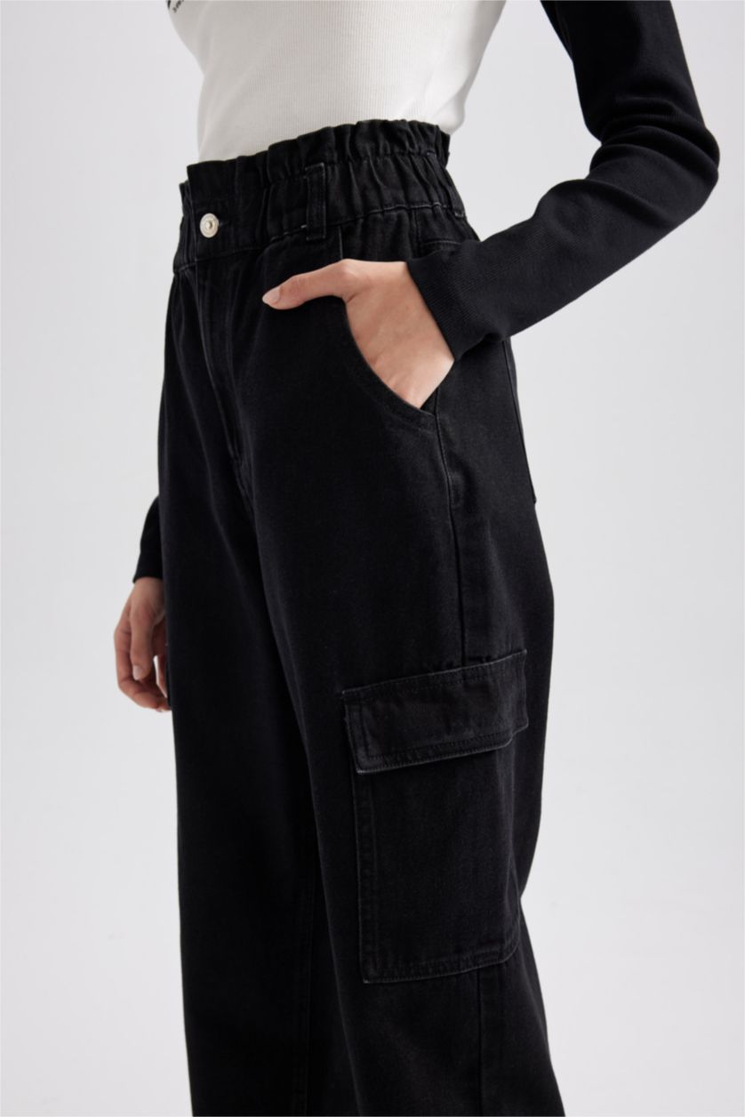 Женщины Черный Джинсы Paperbag  с высокой талией