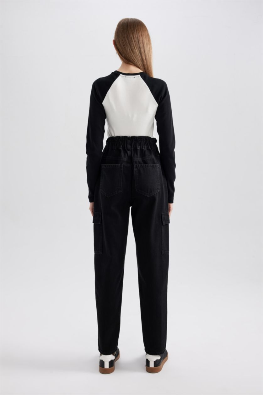 Женщины Черный Джинсы Paperbag  с высокой талией