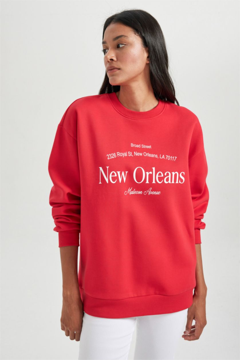 WOMAN Red Oversize Fit Printed Long Sleeve Sweatshirt