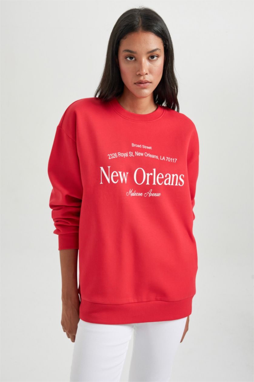 WOMAN Red Oversize Fit Printed Long Sleeve Sweatshirt