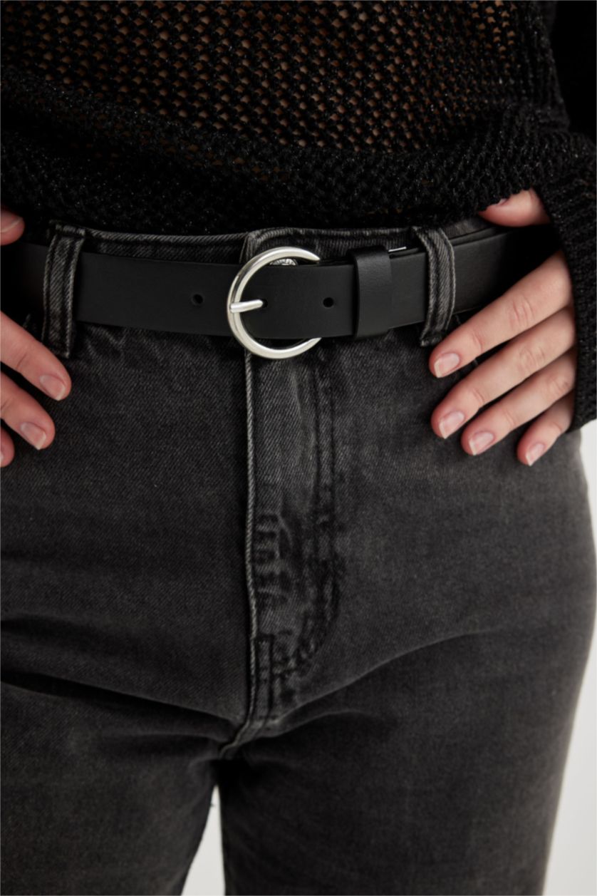 Kadın Siyah Kadın Oval Toka Suni Deri Jean Kemeri