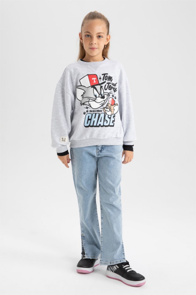 بنات ميلانج رمادي سويت شيرت بناتي قصة عادية برقبة مستديرة من توم وجيري